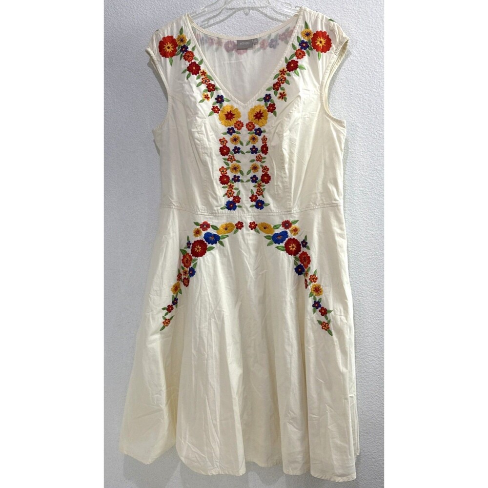 Eshatki Cotton Mexican Embroidered Floral White Ivory Fit & Flare Dress Sz 20W